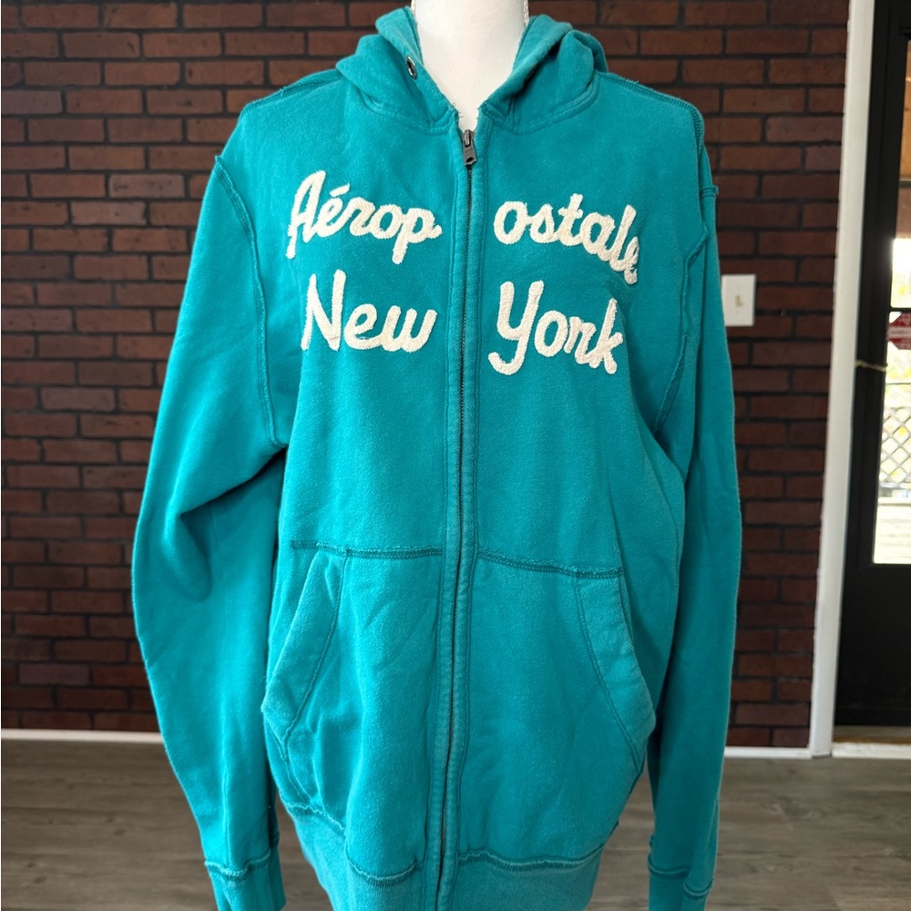 Aeropostale XL Teal Zip Up Hoodie New York Graphic‎ Y2K